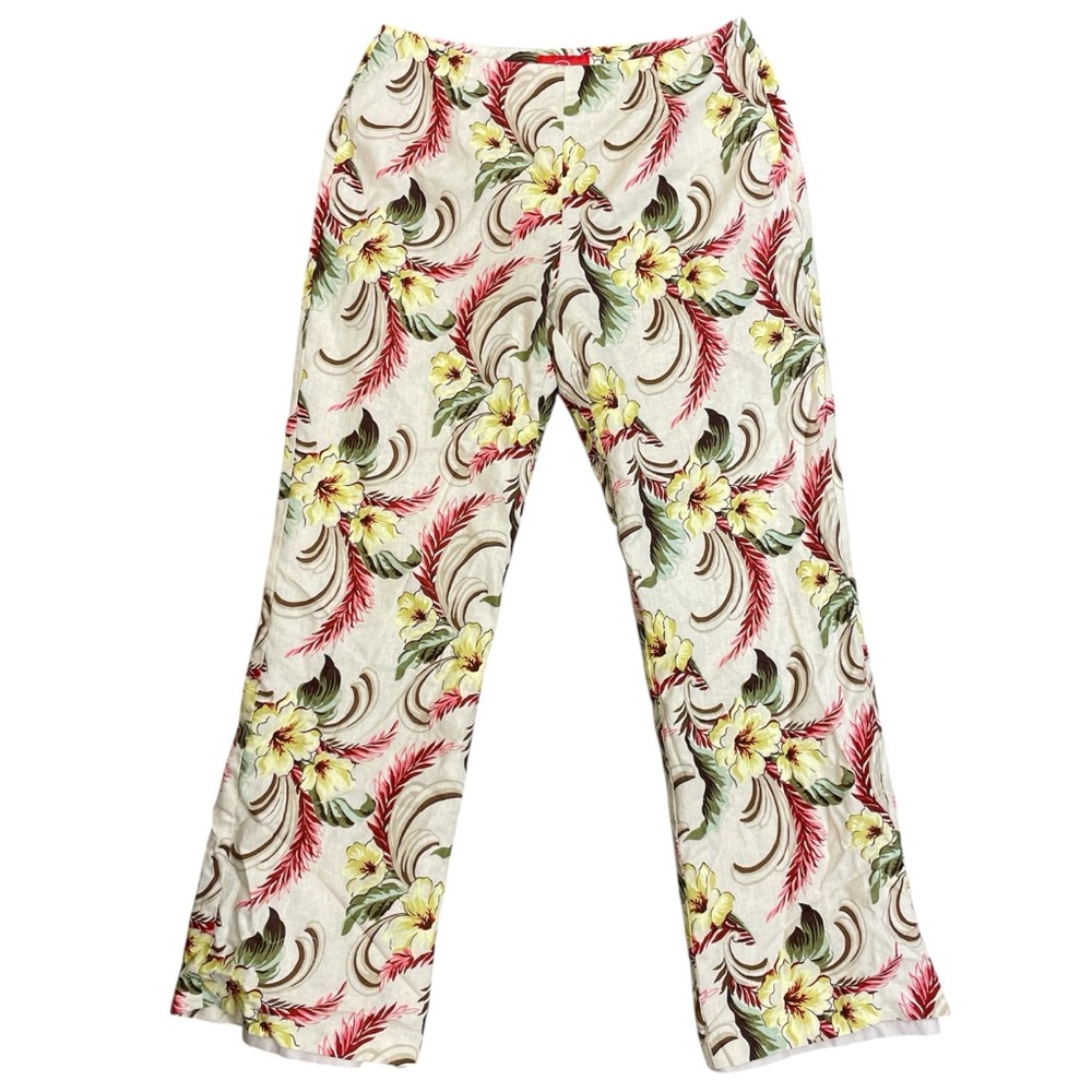 Oscar de la Renta Vintage Cream Linen Blend Tropical Floral Lined Pants